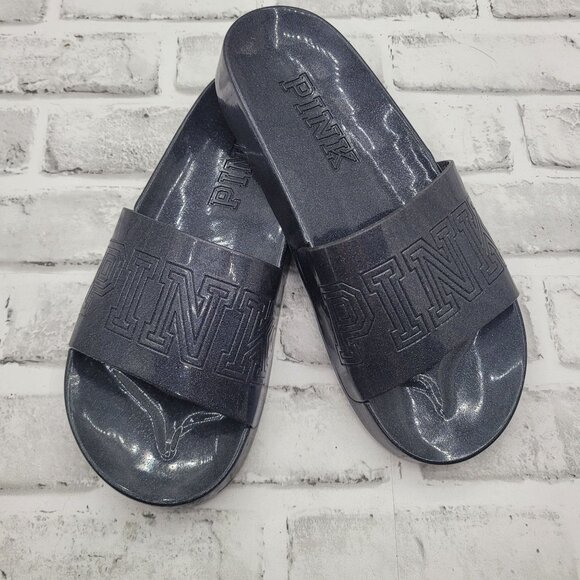 NWOT Victoria's Secret PINK Gray Metallic Glitter Slide Sandals Size M 7-7.5 - Picture 1 of 3
